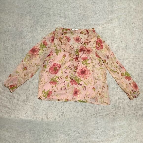 LC Lauren Conrad Boho Chic Sheer Pink Floral Fairycore Ruffle Blouse - Picture 2 of 12